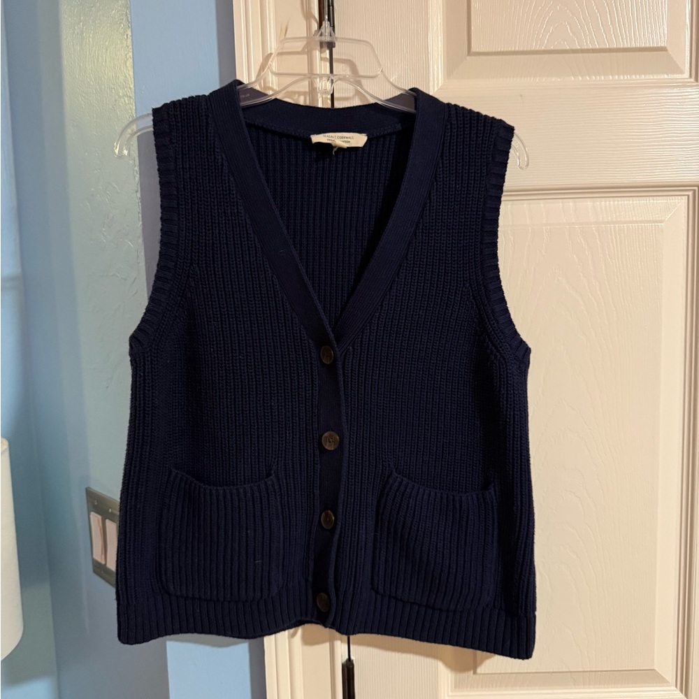 Navy Sleeveless Knit Button-Front Sweater Vest 100% cotton
